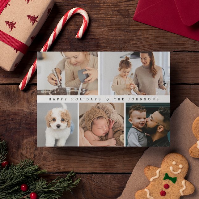 Fotokollage för familjen Modern Glad helg Julkort (Happy holidays family photo collage modern christmas card)