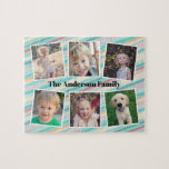 Fotokollage för familjen Teal Guld Orange Rand Pussel<br><div class="desc">Det här färgstarka fotopusslet är en roligt för vilken familj som helst. Det erbjuder 6 foto ramar för bilder av barn och familjemedlemmar. Bakgrunden är teal,  rött och orange vattenfärg rand. Med anpassningsbar kan du anpassa dig till din familj namn.</div>