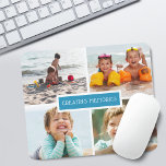 Fotokollage för familjens Skapande minnen Musmatta<br><div class="desc">Modern musknapp med 4 foton på ett rutnät med "skapande minnen" i mitten som täcker himmel blå bakgrund.</div>