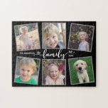 Fotokollage för familjerättsreferenser pussel<br><div class="desc">Det här fotopusslet är en unik nyckelgåva för alla familjer. Den erbjuder 6 foto ramar för bilder av barn och familjemedlemmar och accentueras med texten "familj" som framstår som modernt hjärtkammussla.</div>
