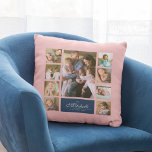 Fotokollage för Färg Elegant-skript i anpassningsb Kudde<br><div class="desc">Fotokollage med 9 foton ordnade i en rutnätslayout på framsidan och baksidan skapar det totalt 18 foton som du kan ersätta med egna foton som visar din familj namn i ett skript för elegant. Denna mångsidiga kuddedesign har också ett redigerbart färg. Du kan ändra bakgrunden färg genom att klicka på...</div>