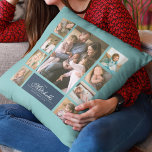 Fotokollage för Färg Elegant-skript i anpassningsb Kudde<br><div class="desc">Fotokollage med 9 foton ordnade i en rutnätslayout på framsidan och baksidan skapar det totalt 18 foton som du kan ersätta med egna foton som visar din familj namn i ett skript för elegant. Denna mångsidiga kuddedesign har också ett redigerbart färg. Du kan ändra bakgrunden färg genom att klicka på...</div>