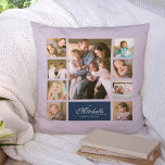 Fotokollage för Färg Elegant-skript i anpassningsb Kudde<br><div class="desc">Fotokollage med 9 foton ordnade i en rutnätslayout på framsidan och baksidan skapar det totalt 18 foton som du kan ersätta med egna foton som visar din familj namn i ett skript för elegant. Denna mångsidiga kuddedesign har också ett redigerbart färg. Du kan ändra bakgrunden färg genom att klicka på...</div>