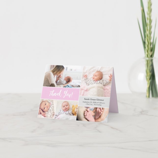 Fotokollage för flicka Rosa Grått Anpassningsbar- Tack Kort (Framsida)