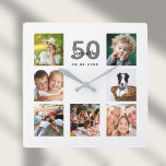 Fotokollage för födelsedagsfamiljens anpassningsba fyrkantig klocka<br><div class="desc">En väggklocka som en gåva till en 50:e (eller vilken ålder som helst) födelsedag för en kvinna som firar sitt liv med en kollage av 7 av dina foton. Anpassa och lägg till namn, 50 år och ett datum. Födelsedatum eller födelsedatum. Svart och grått färgad brev. En vit chic bakgrund....</div>