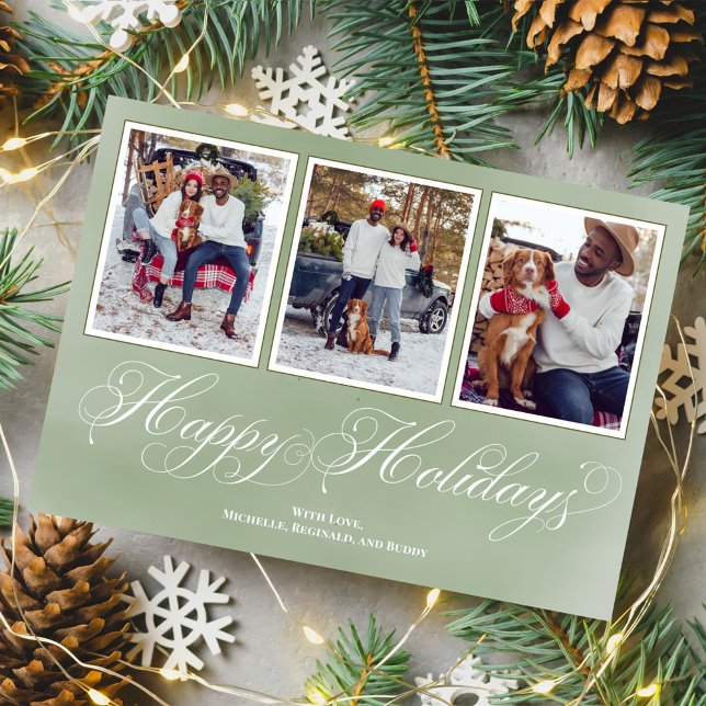 Fotokollage för glad helg Grönt  Julkort (Merry Christmas fancy calligraphy script vertical multi photo card. )