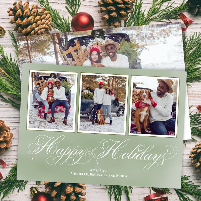 Fotokollage för glad helg Grönt  Julkort (Merry Christmas fancy calligraphy script vertical multi photo card. )