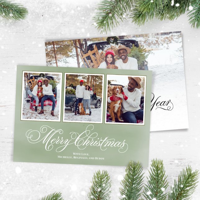 Fotokollage för god jul Grönt  Julkort (Merry Christmas fancy calligraphy script vertical multi photo card. )