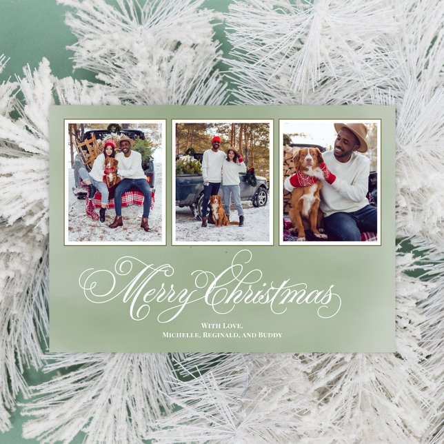 Fotokollage för god jul Grönt  Julkort (Merry Christmas fancy calligraphy script vertical multi photo card. )
