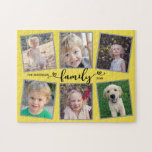 Fotokollage för Gult av familjerScript-Hearts Pussel<br><div class="desc">gult- och grått-fotopussel är en roligt gåva till vilken familj som helst. Den erbjuder 6 foto ramar för bilder av barn och familjemedlemmar och accentueras med texten "familj" som framstår som modernt hjärtkammussla. Bakgrunden är gult.</div>