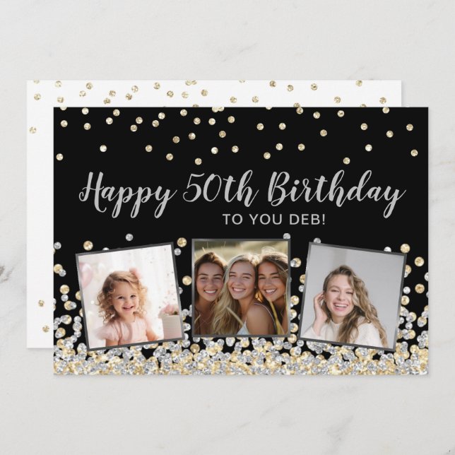 Fotokollage för konfetti silver 50:e födelsedagen kort (Fram/baksida)