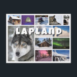 Fotokollage för Lappland souvenir Vykort<br><div class="desc">Souvenir-fotosamlingskort av Lappland med foton av husky sled hundar,  norra ljus (aurora borealis),  loggkabiner,  ishotell och frysta strukturer med texten "Lappland" i vitt.</div>