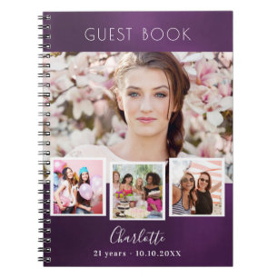 Fotokollage för lila av gästfödelsedag i bok anteckningsbok