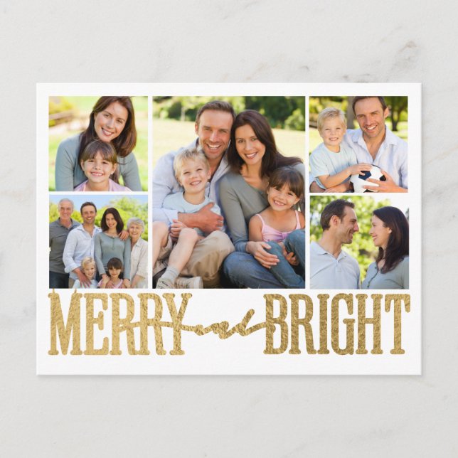 Fotokollage för Merry och Bright Gold Foil Helg Vykort (Framsida)