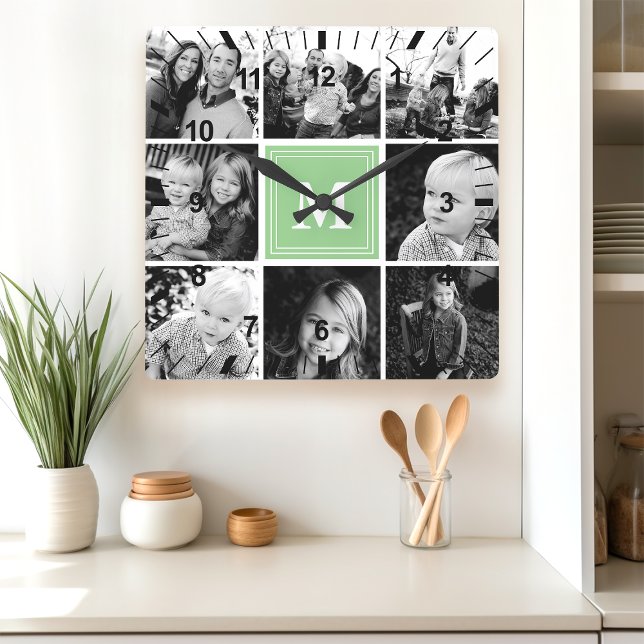 Fotokollage för Mint Monogram-familjen Fyrkantig Klocka (Skapare uppladdad)