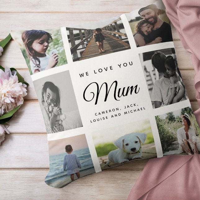 Fotokollage för Modern Chic Mors dag Morsa-familje Kudde (We love you, Mum: For the Best Mom Ever in your life a modern, trendy Instagram family photo collage)