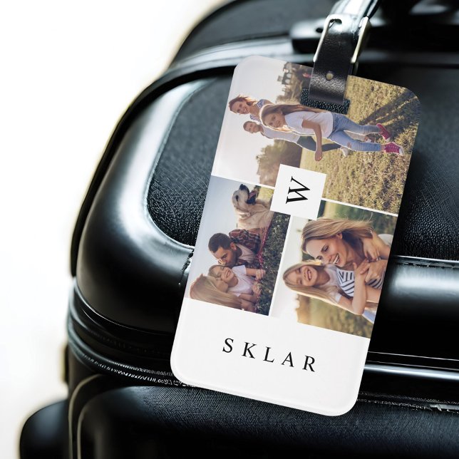 Fotokollage för Modern Monogram Anpassningsbar-fam Bagagebricka (Modern Monogram Custom Family Photo Collage Luggage Tag)