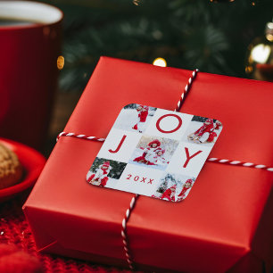 Fotokollage för Modern Red Joy Checkerboard-familj Fyrkantigt Klistermärke