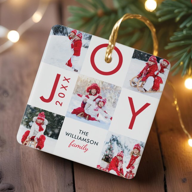 Fotokollage för Modern Red Joy Checkerboard-familj Julgransprydnad Keramik (Modern Red Joy Checkerboard Family Photo Collage Ceramic Ornament)