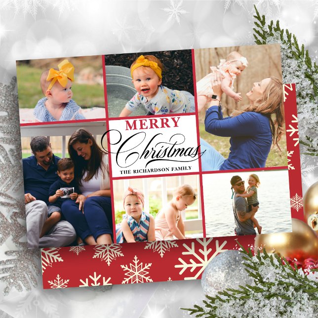 Fotokollage för Modern Red Snöflingor Elegant  Julkort (Skapare uppladdad)