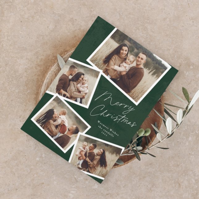 Fotokollage för Modern Script God jul Julkort (Modern Elegant Script 4 Photo Collage Merry Christmas Holiday Card)