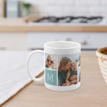 Fotokollage för monogram rutnät kaffemugg<br><div class="desc">Med den här enkla personligen av fotot i mugg får du 6 av dina favoriter framför och mitt,  tillsammans med ett första monogram på vardera sidan. Anpassa med sex fyrkantiga foton av vänner,  barn,  barnbarn,  husdjur eller din favoritfilm ställen,  med din första vita bokstav på en dammig teal fyrkant.</div>