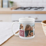 Fotokollage för monogram rutnät kaffemugg<br><div class="desc">Med den här enkla personligen av fotot i mugg får du 6 av dina favoriter framför och mitt,  tillsammans med ett första monogram på vardera sidan. Anpassa med sex fyrkantiga foton av vänner,  barn,  barnbarn,  husdjur eller din favoritfilm ställen,  med din första vita bokstav på en rosig rosa fyrkant.</div>