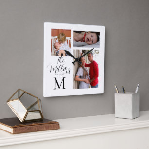 Fotokollage för monogramfamiljen fyrkantig klocka