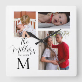 Fotokollage för monogramfamiljen fyrkantig klocka