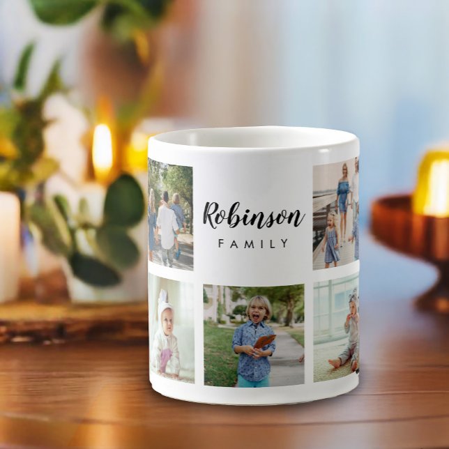 Fotokollage för monogrammed familj kaffemugg (Monogrammed keepsake 9 photo mug collage, perfect for a gift.)