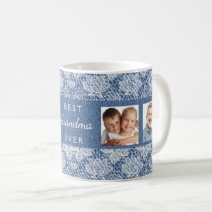 Fotokollage för mormor blue denim snöre kaffemugg
