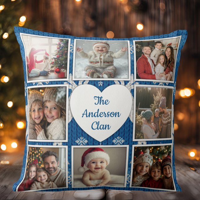 Fotokollage för nordiska blå och vita familjer kudde (Nordic Blue And White Family Photo Collage Throw Pillow)