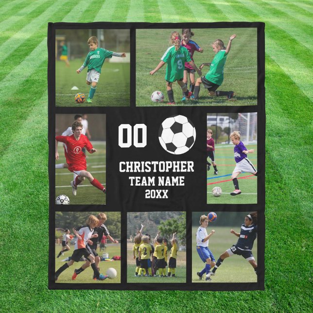 Fotokollage för personligens fotbollsgrupp fleecefilt (Personalized Soccer Team Photo Collage Fleece Blanket)