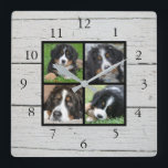 Fotokollage för Rustic-lada Fyrkantig Klocka<br><div class="desc">Anpassningsbar Familjefotokollage på rustik lingträ,  klocka. Lägg till egna personliga foton för att anpassa klockan. Du behöver inte bara lägga till fyrkantiga foton. Andra storlekar passar oftast också. Kontakta mig om du behöver hjälp.</div>