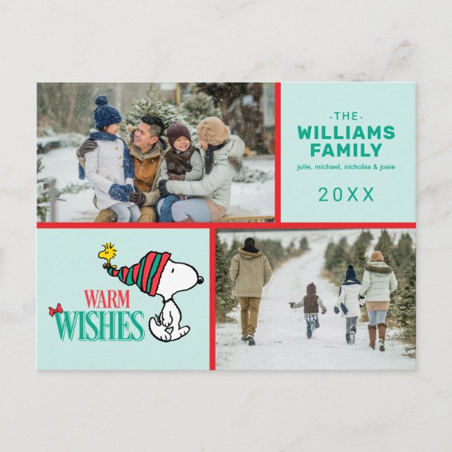 Fotokollage för Snoopy & Woodstock-julfamiljen Helg Vykort (Framsida)