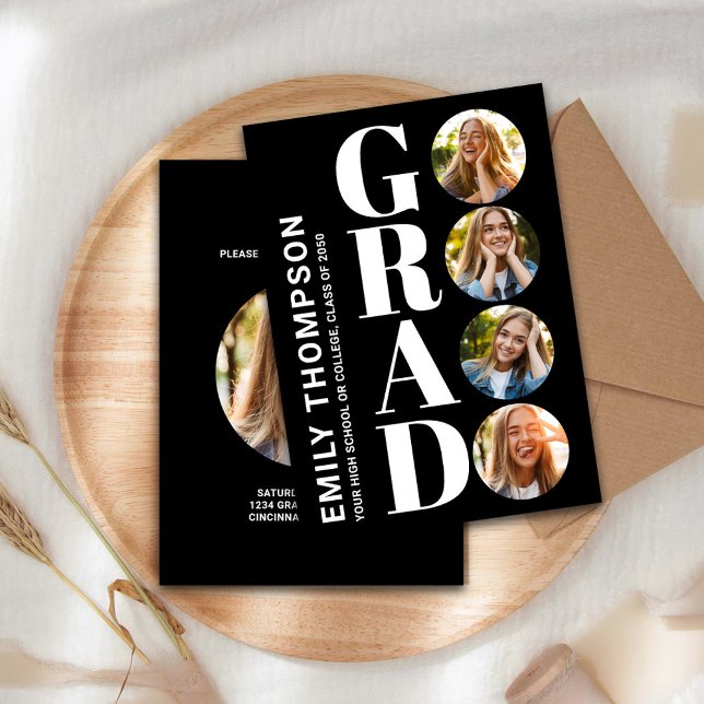 Fotokollage för svart och vitt Studenten Inbjudningar (Graduate "GRAD" typography photo collage invitation announcement. )