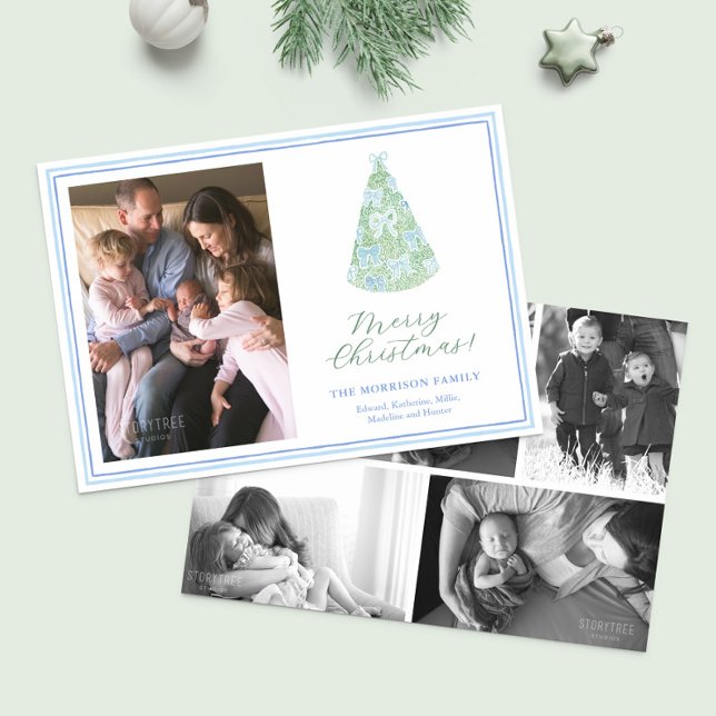 Fotokollage för Trendig Modern Bows Julgran Julkort (Modern watercolor Christmas tree with blue bows happy holidays photo collage merry christmas card)