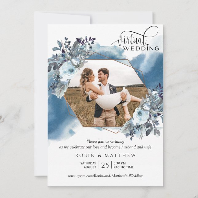 Fotokollage, Geometriskt blått Virtuella Bröllop Inbjudningar (Framsida)