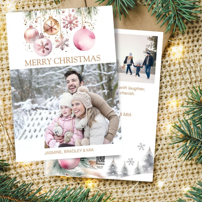 Fotokollage God jul vit ros guld boho Julkort (Photo collage Merry Christmas white rose gold boho Holiday Card pastel rose gold baubles snowflakes)