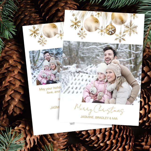 Fotokollage God jul white guld boho Julkort (Photo collage Merry Christmas white gold boho Holiday Card editable photo template gold baubles snow)