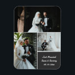 Fotokollage i elegant bröllop med anpassade namn magnet<br><div class="desc">Fira din speciella dag med den här eleganten och anpassadets fotomagnet i bröllop. Med en vacker 3-foto-kollage-layout och redigerbar text för namn, bröllop-datum och meddelande, gör den här keepsakens magnet perfektens bröllopsförmån, tack vare din gåva, eller minnesmärke för gäster och familj. Anpassa den i sekunder: - lägg till dina tre...</div>