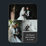 Fotokollage i elegant bröllop med anpassade namn magnet<br><div class="desc">Fira din speciella dag med den här eleganten och anpassadets fotomagnet i bröllop. Med en vacker 3-foto-kollage-layout och redigerbar text för namn, bröllop-datum och meddelande, gör den här keepsakens magnet perfektens bröllopsförmån, tack vare din gåva, eller minnesmärke för gäster och familj. Anpassa den i sekunder: - lägg till dina tre...</div>
