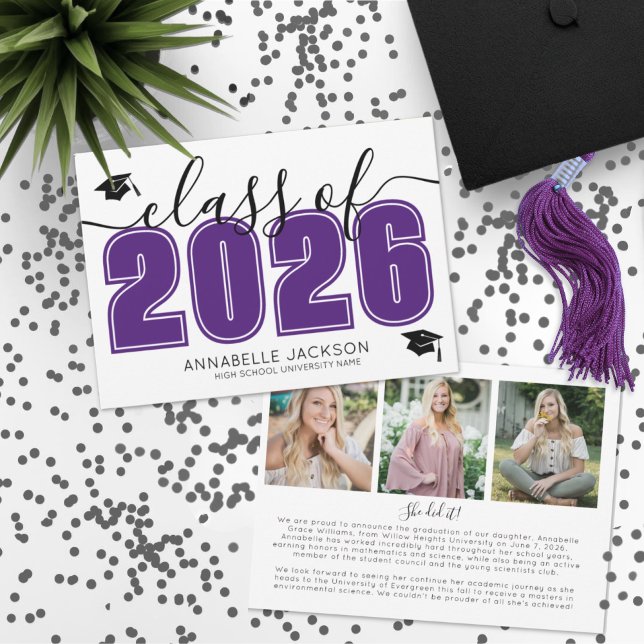 Fotokollage Lila Examen Meddelande (Photo Collage Purple Graduation Announcement)