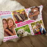 Fotokollage med 5 Bilder Rosa och vit Prydnadskudde<br><div class="desc">Personligen kuddar med 5 av dina favoritfoton och ditt namn. Bilder ställs mot ett modernt geometriskt mönster i rosa och vitt. Ditt namn är skrivet i vit skripttypografi och redot för att anpassa designen är inställt. Du kan också redigera bakgrunden färg om du vill (du kan gärna skicka ett meddelande...</div>