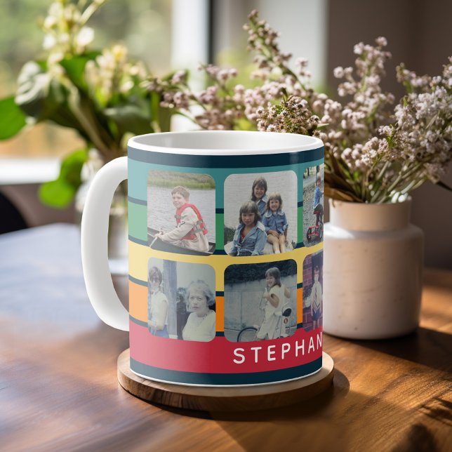 Fotokollage med 8 foton Färgfull Retro Rand Kaffemugg (Mug template with 8 photos and a Retro Stripe Pattern)