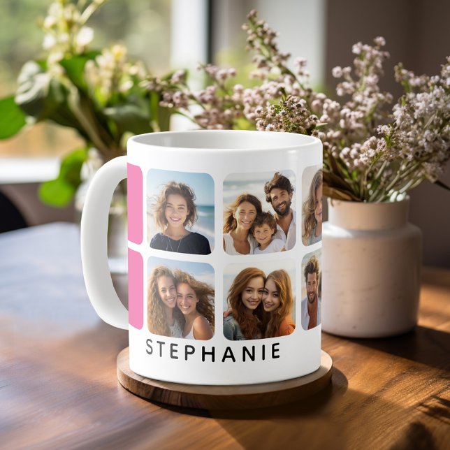 Fotokollage med 8 foton och Shock rosa Kaffemugg (Personalized mug with 8 photos)