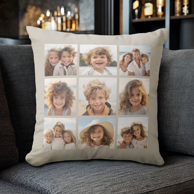 Fotokollage med 9 kvadratfoton - Taupe Kudde (Custom Photo Collage Pillow)