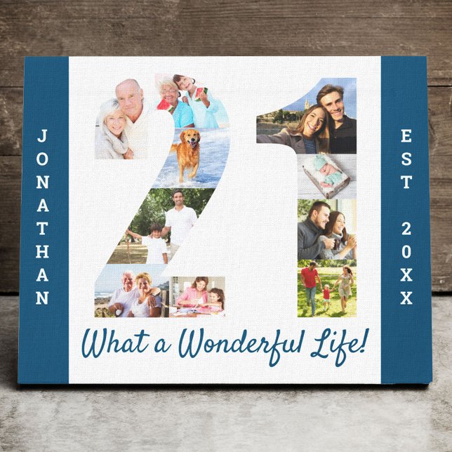 Fotokollage med nummer 21 Blå vit Anpassningsbar Canvastryck (Skapare uppladdad)