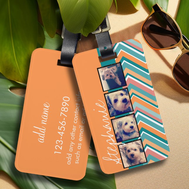Fotokollage med Orange och tualtuggon Bagagebricka (Personalized luggage tag with preppy striped pattern and photos - contact info on back)