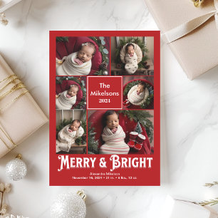 Fotokollage Merry och Bright Birth Notice Julkort